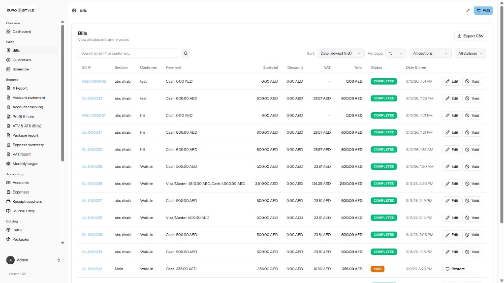 Professional POS bills list